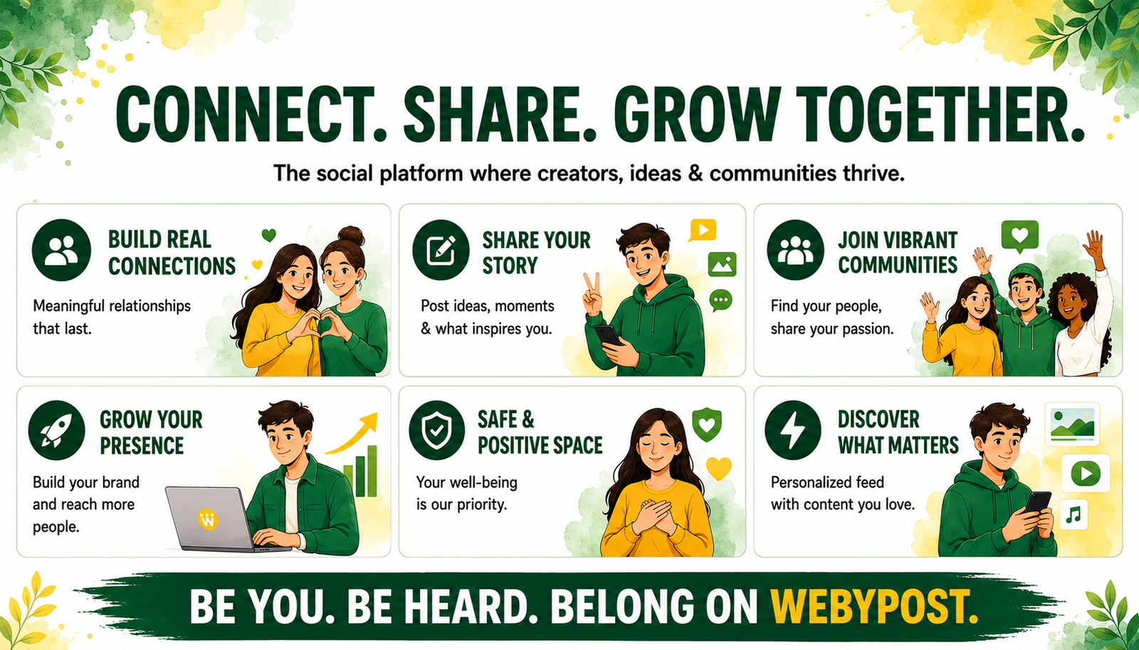Webypost — Connect. Share. Grow Together. Build connections, share your story, join communities, grow your presence.