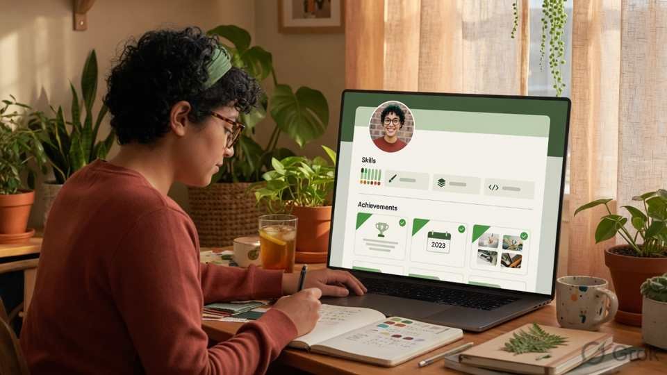 Creator editing a profile portfolio on a laptop