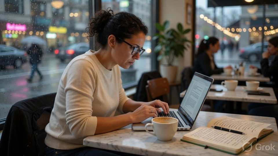 Writer drafting a long-form article in a cafe