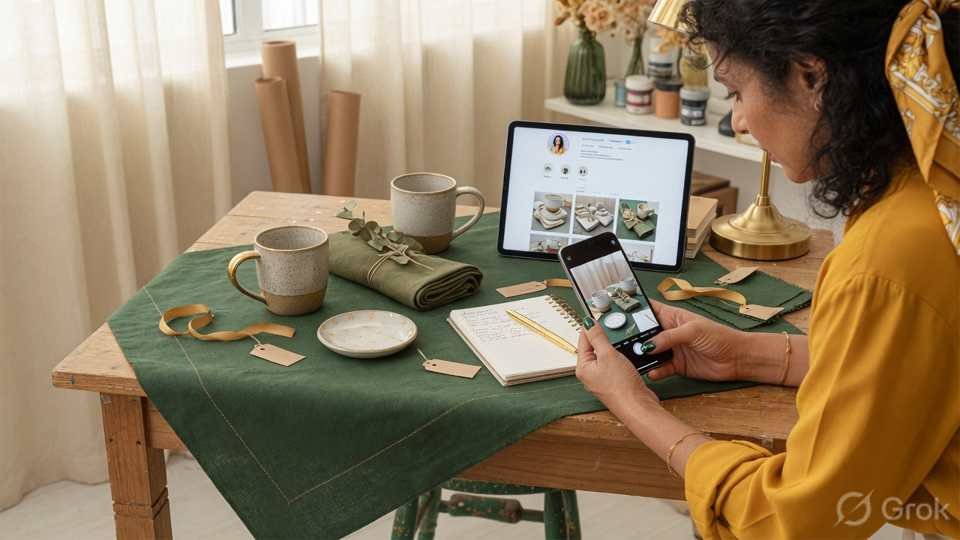Maker photographing products to list beside a social profile