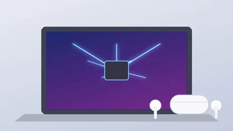 Illustration of a laptop and wireless earbuds linked to a central chip