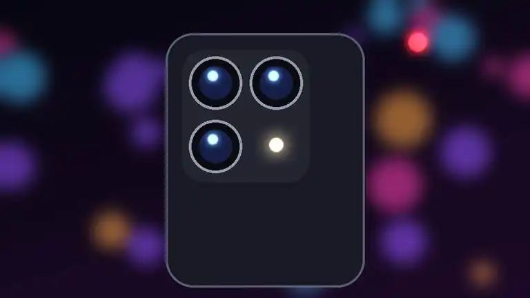 Illustration of a phone with a triple camera array against colourful bokeh lights