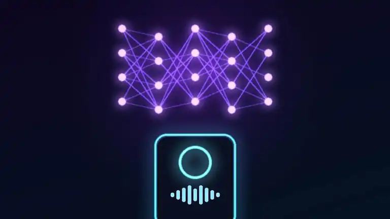 Illustration of a neural network above a phone running a voice assistant