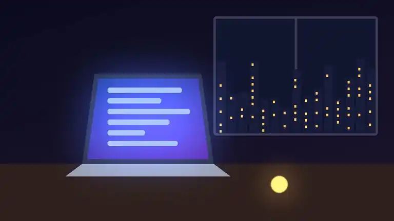 Illustration of a developer working on a laptop at night with city lights outside