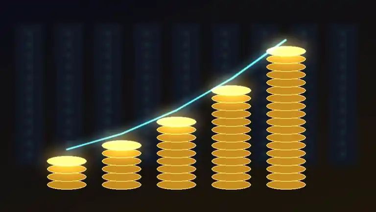 Illustration of gold coin stacks rising like a bar chart in front of server racks