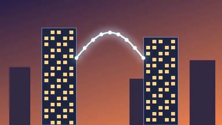Illustration of two towers linked by a glowing data bridge