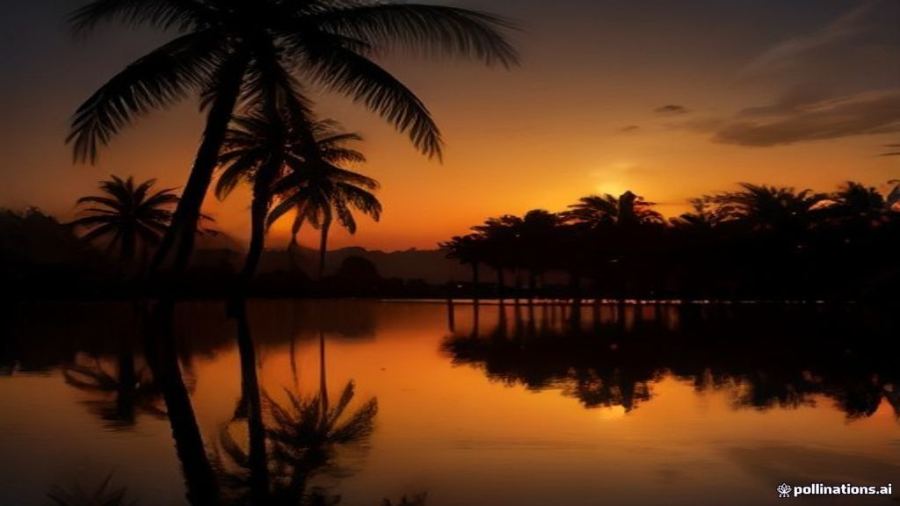 Warm dusk over a Kerala backwater with palm silhouettes and festive string lights