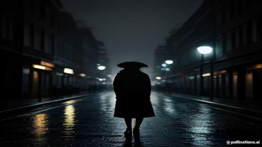 Rain-soaked city street at night with a lone figure under a streetlamp, a noir thriller mood