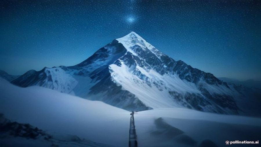 A moonlit snowy mountain peak under a starry winter sky with climbers' headlamps on the ridge