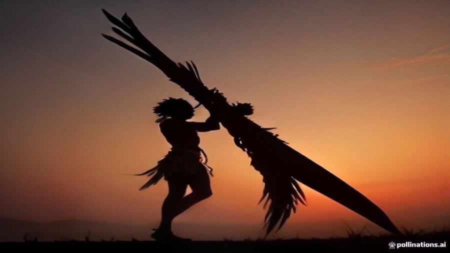 Epic silhouette of a warrior on a drought-stricken plain at dusk, period drama mood