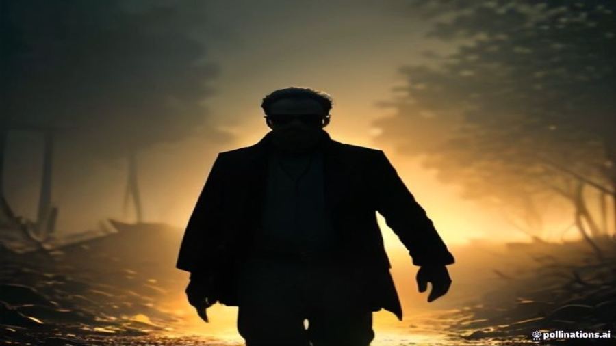 Cinematic silhouette of a lone man walking through smoke and golden light, evoking a mass action film