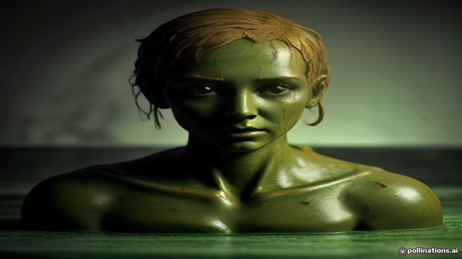 A cracked clay sculpture of a face in a dim laboratory, eerie horror mood