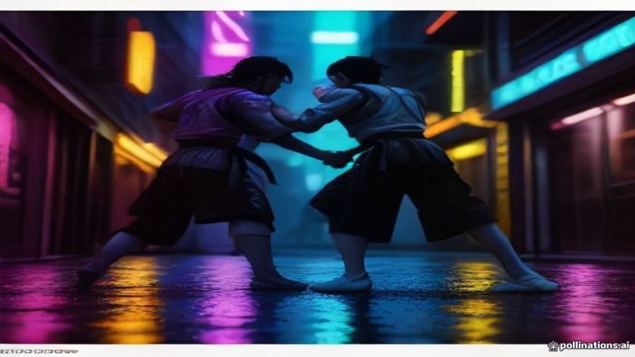 Two fighters facing off on a rain-soaked neon street at night, retro arcade mood