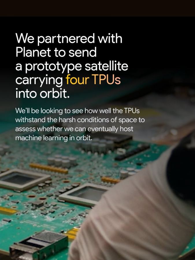 Solar arrays and the compact bus Google is using to test four TPUs at about one kilowatt.