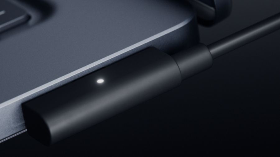 A second landscape detail frame of Surface Laptop Ultra, emphasizing the thin chassis Microsoft is pairing with RTX Spark.