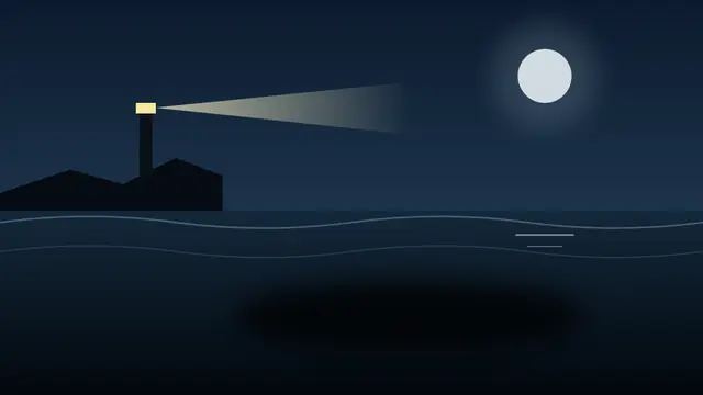 Moonlit sea beside a lighthouse with a dark shape moving under the water