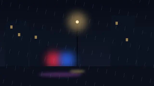 Rain-soaked night street lit by a lone lamp and flashing police lights