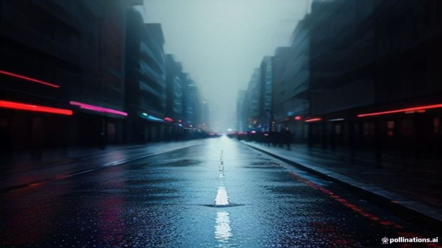 Rain-soaked city skyline at night in red and blue tones, a cinematic thriller mood