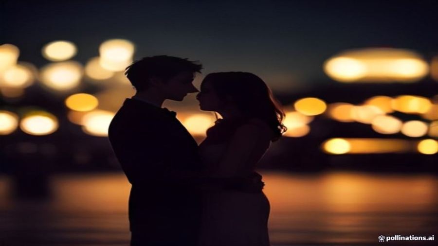 Two silhouettes against warm bokeh city lights at night, a romantic mood
