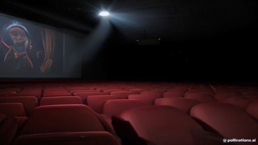 Projector beam sweeping over rows of empty red cinema seats