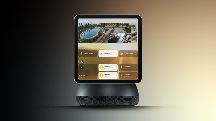 Concept render of the tabletop HomeView with its dome-style speaker base and floating display