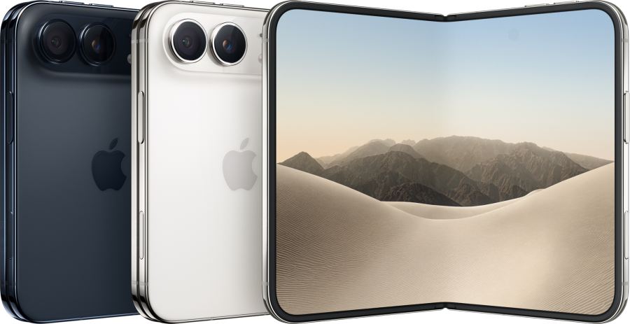Official Apple product lineup showing iPhone Duo in Night Sky and Star White finishes, closed and open