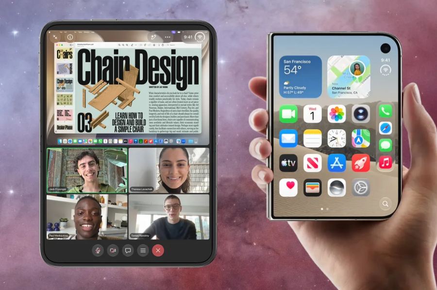 iPhone Duo shown open for multitasking and closed in hand, highlighting the dual-display design.
