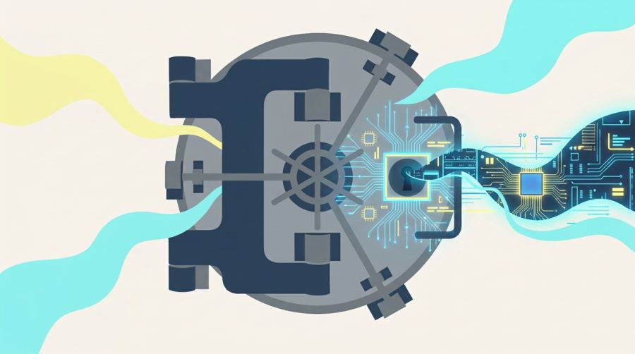 Illustration of AI circuitry interacting with a bank vault, capturing the tension between autonomous agents and traditional financial controls