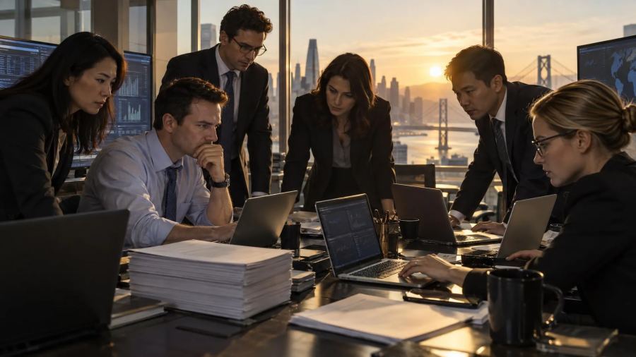 Professional team reviewing financial and operational data, reflecting the scrutiny public markets will apply to Anthropic