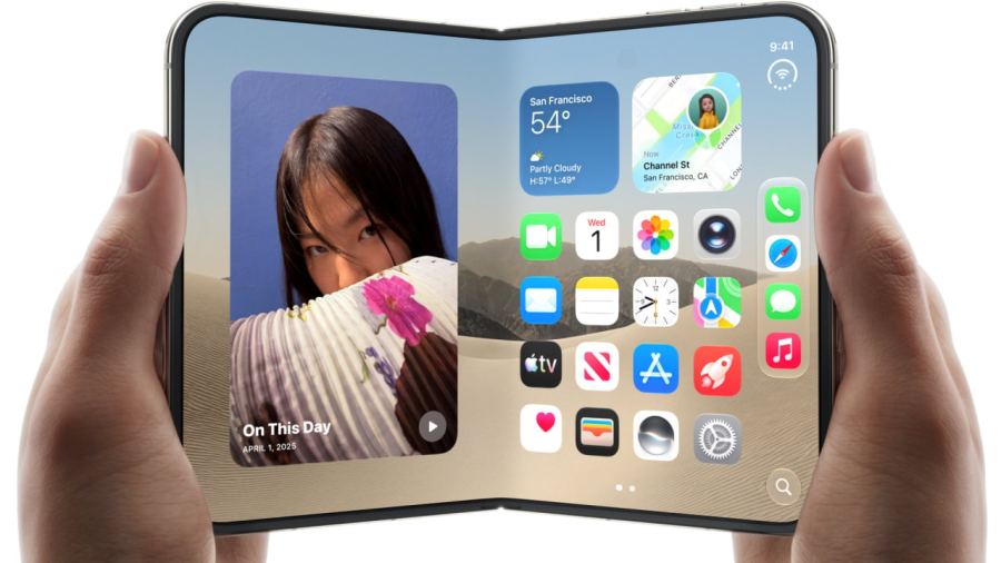 Hands holding an opened iPhone Duo, showing the large inner display running iOS