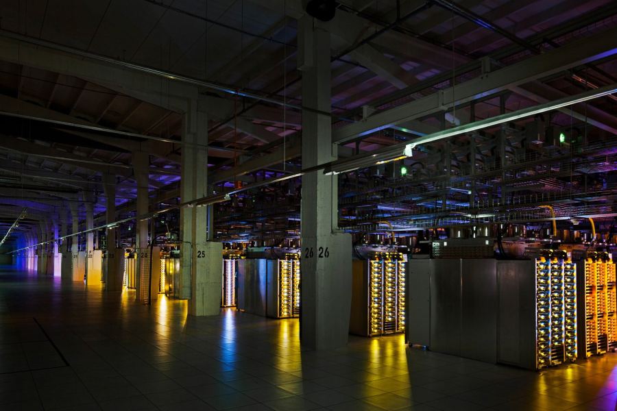 Rows of servers in a former paper mill converted into a Google data center in Hamina, Finland